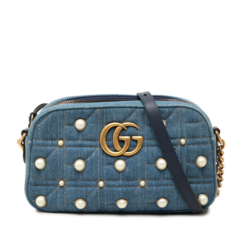 Pre-Loved Gucci Small GG Marmont Pearl Studded Denim Crossbody